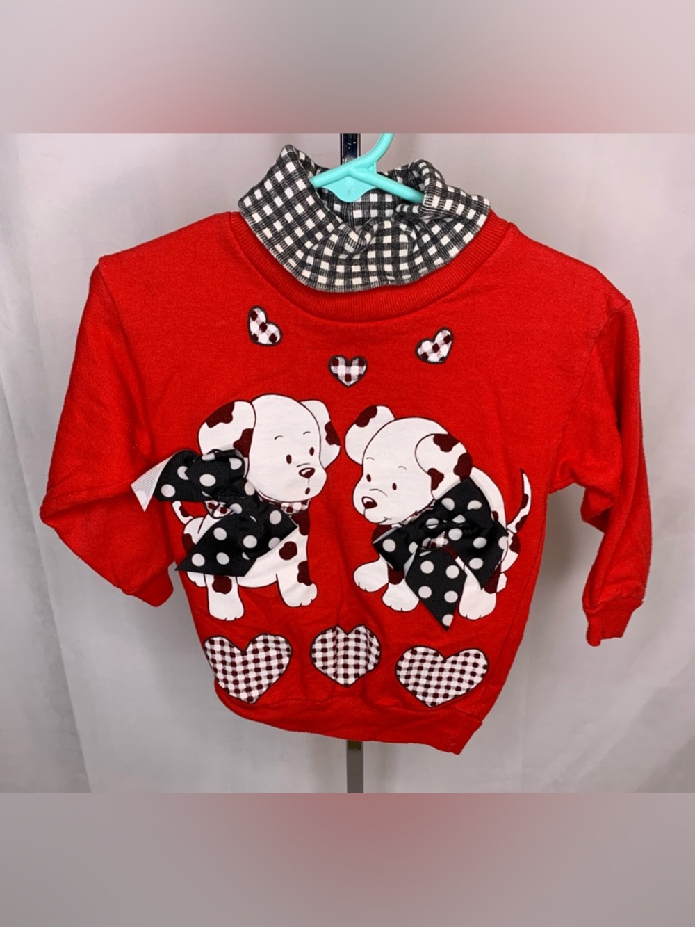 Vintage Dalmatian Puppy Pullover Sweater size 3T Retro Bow and Checkered Jumper